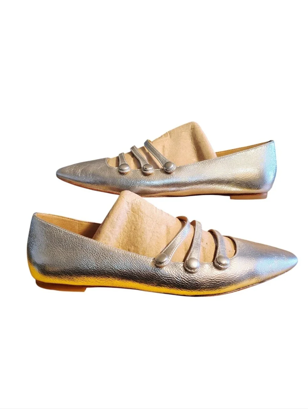 Veronica Beard Metallic Silver Crinkle Triple-Strap Mary Jane Flat Size 10 US 54 - Picture 5 of 16